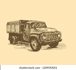 Vector hand drawn illustration of vintage truck with wood barrels.