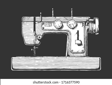 Vector hand drawn illustration of the vintage sewing machine. isolated on black background. Side view.