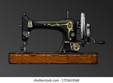 Vector hand drawn illustration of the vintage sewing machine. isolated on black background. Side view.