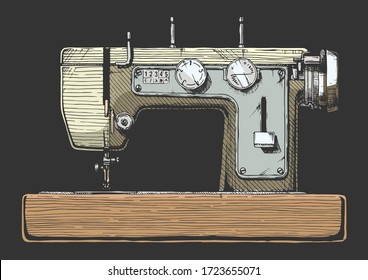 Dibujo manual vectorial de la máquina vintage de coser. aislado sobre fondo negro. Vista lateral.
