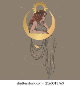 Vector hand drawn illustration in vintage style. Beautiful woman sits leaning on the moon