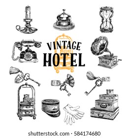 Vector hand drawn Illustration with vintage hotel staff. Sketch. Retro style. 