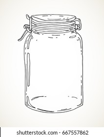 Vector hand drawn illustration with vintage glass jar. Contour sketch in black isolated over white.