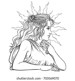 Vector hand drawn illustration in vintage style. Goddess of the day