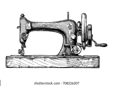 Vector hand drawn illustration of the vintage sewing machine. isolated on white background. Side view.