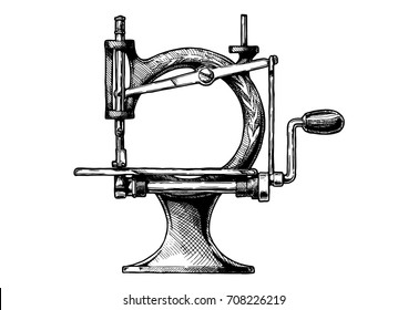 Vector hand drawn illustration of the vintage sewing machine. isolated on white background. Side view.
