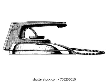 Vector hand drawn illustration of vintage clothes iron. Isolated on white background. Side view.