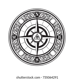 Vector hand drawn illustration of vintage compass. Tattoo artwork with all seeing eye pyramid. Template for card, poster, banner, print for t-shirt.