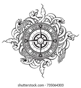 Vector hand drawn illustration of vintage compass and bunch os snakes. Tattoo artwork. Template for card, poster, banner, print for t-shirt.