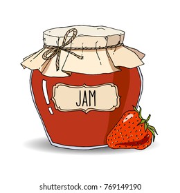 Vector hand drawn illustration with vintage strawberry jam jar. Colored sketch isolated over white.