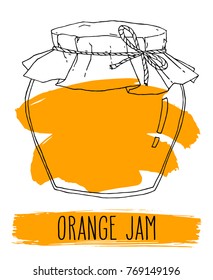 Vector hand drawn illustration with vintage orange jam jar. Colored contour sketch and label isolated over white.