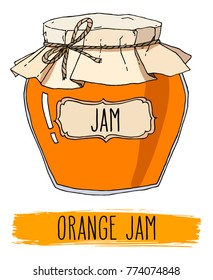 Vector hand drawn illustration with vintage orange jam jar, isolated over white.