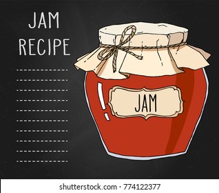 Vector hand drawn illustration with vintage jam jar recipe template. Colored image over black textured background.