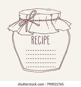 Vector hand drawn illustration with vintage jam jar recipe template. Contour sketch in brown isolated over white.