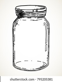 Vector hand drawn illustration with vintage mason jar. Contour sketch in black isolated over white.