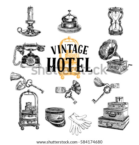 Vector hand drawn Illustration with vintage hotel staff. Sketch. Retro style. 