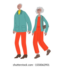 Vector hand drawn illustration with walking women and men. Character design in colorful clothes. Old women and men walks in a good mood