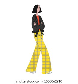 Vector hand drawn illustration with walking women. Character design in colorful clothes. Young woman walks in a good mood 