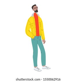 Vector hand drawn illustration with walking men. Character design in colorful clothes. Young man walks in a good mood