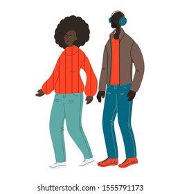 Vector hand drawn illustration with walking women and men. Character design in colorful clothes. Young african women and men walks in a good mood