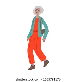 Vector hand drawn illustration with walking women. Character design in colorful clothes. Old woman walks in a good mood