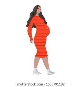 Vector hand drawn illustration with walking women. Character design in colorful clothes. Young pregnant woman walks in a good mood