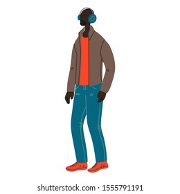 Vector hand drawn illustration with walking men. Character design in colorful clothes. Young african man walks in a good mood with music