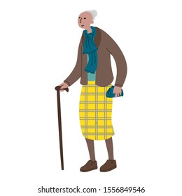 Vector hand drawn illustration with walking women. Character design in colorful clothes. Old woman walks in a good mood