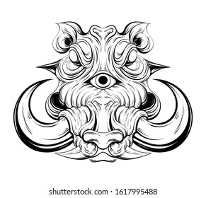 Vector hand drawn illustration of warthog with three eyes isolated. Surrealistic tattoo artwork Template for card, poster, banner, print for t-shirt, pin, badge, patch.