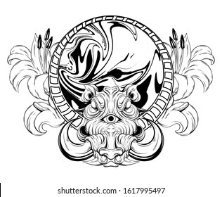 Vector hand drawn illustration of warthog isolated. Surrealistic tattoo artwork Template for card, poster, banner, print for t-shirt, pin, badge, patch.