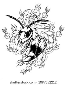 Vector hand drawn illustration of wasp with flowers. Tattoo artwork. Template for card, poster, banner, print for t-shirt, pin, badge and patch. 