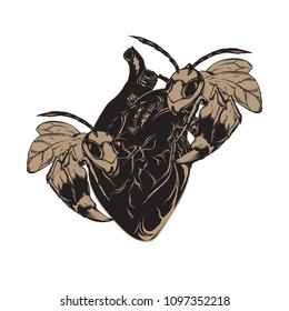 Vector hand drawn illustration of wasp and human heart. Surreal tattoo artwork. Template for card, poster, banner, print for t-shirt, pin, badge and patch. 