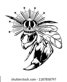 Vector hand drawn illustration of wasp in crown isolated . Creative tattoo artwork. Template for card, poster, banner, print for t-shirt, pin, badge, patch.