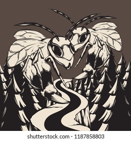 Vector hand drawn illustration of wasps in forest . Creative artwork. Template for card, poster, banner, print for t-shirt, pin, badge, patch.