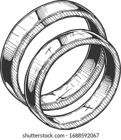 Vector hand drawn illustration of Wedding ring in vintage engraved style. Isolated on white background.