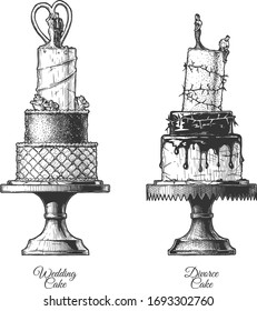 Vector hand drawn illustration of wedding and divorce cakes in vintage engraved style. Isolated on white background.