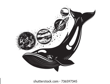 Vector hand drawn illustration of whale and planets of solar system. Tattoo artwork. Template for card, poster, banner, print for t-shirt.