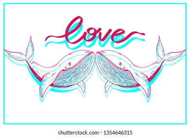 Vector hand drawn illustration of whales. Sketch of a detailed style. Isolated on background. Design for postcard, print textile, sticker, animal protection.