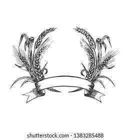 Vector hand drawn illustration of wheat wreath with ribbon and copy space for text in vintage engraved style. Isolated on white background.