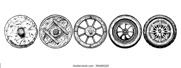 Vector hand drawn illustration of the wheel evolution set. stone, antique wooden, spoked, steel, modern alloy. Set in ink hand drawn style. 