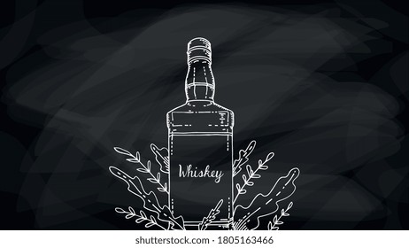 Vector hand drawn illustration of whiskey bottle with floral ornament. Chalkboard style
