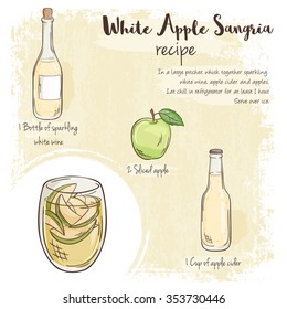 vector hand drawn illustration of white apple sangria recipe with list of ingredients 