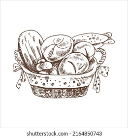 Vector hand drawn illustration of wicker basket with bread. Brown and white pastry  drawing isolated on white background. Sketch icon and bakery element for print, web, mobile and infographics.