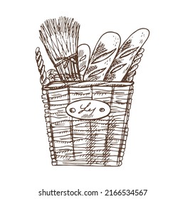 Ilustración de la cesta cuadrada de mimbre con baguettes dibujada a mano por vectores. Dibujo de pasteles marrones y blancos aislados en un fondo blanco. Icono de esbozo y elemento de panadería para imprimir, web, móvil.