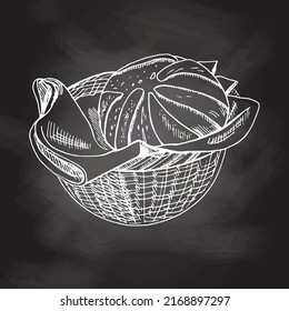 Vektorhandgezeichnete Illustration von Korbweide mit Brotlaib.  Weiße Skizze einzeln auf schwarzem Karton. Sketch-Icon und Bäckerei-Element für Print, Web, Mobile und Infografiken.