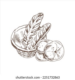 Vector hand drawn illustration of wicker basket with baguettes and buns. Drawing isolated on white background. Sketch icon and bakery element.