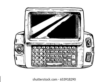 Vector hand drawn illustration of wide slider phone in vintage engraved style. isolated on white background. 