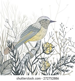 vector hand drawn illustration of a wild bird and plants