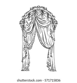 Vector hand drawn illustration of window curtain made in sketch style. Curtain baroque design with circle frame. Beautiful template for business card, poster, banner, print, label.
