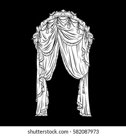 Vector hand drawn illustration of window curtain made in sketch style. Curtain baroque design with circle frame. Beautiful template for business card, poster, banner, print, label.